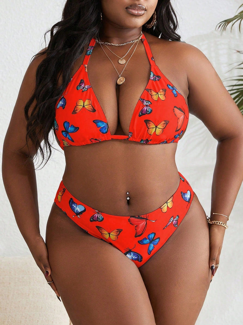 Conjunto 3 Peças Plus Size com Estampa de Borboletas e Cintura Alta
