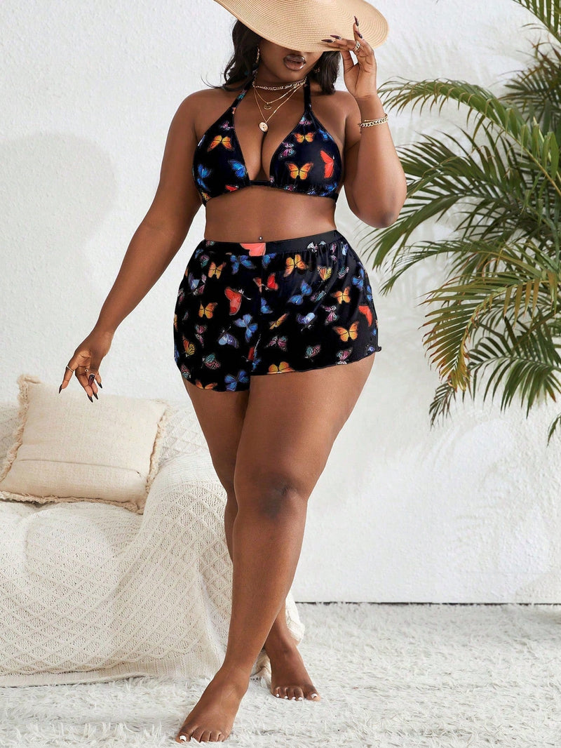 Conjunto 3 Peças Plus Size com Estampa de Borboletas e Cintura Alta