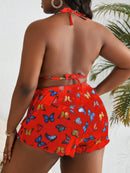 Conjunto 3 Peças Plus Size com Estampa de Borboletas e Cintura Alta