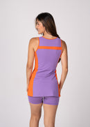 Conjunto Beach Tennis Recortes Lilás e Laranja