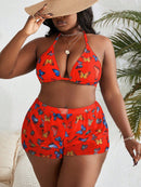 Conjunto 3 Peças Plus Size com Estampa de Borboletas e Cintura Alta