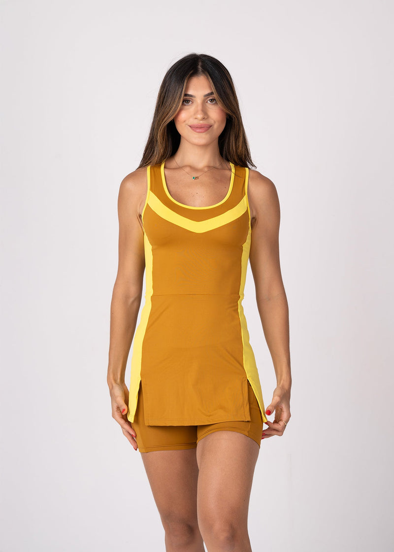 Conjunto Beach Tennis Recortes Mostarda e Amarelo