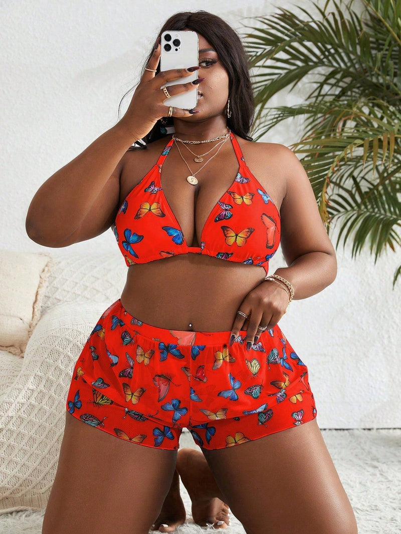 Conjunto 3 Peças Plus Size com Estampa de Borboletas e Cintura Alta